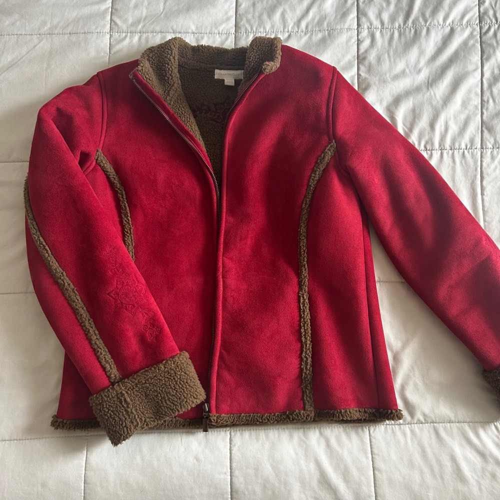 Red Faux Suede Shearling Trim Embroidered Zip Jacket Womens M Western Cabincore
